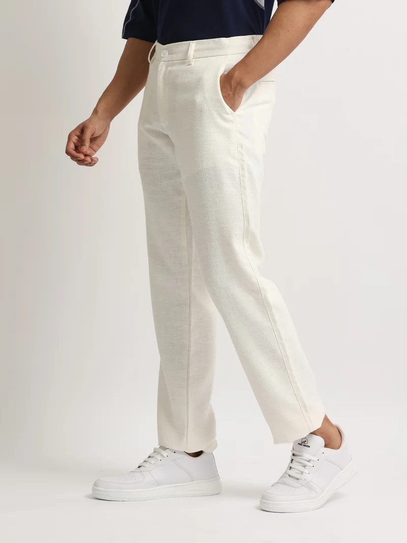 مانياك Maniac Mens Solid White Elastic Linen Cotton Blend Trouser